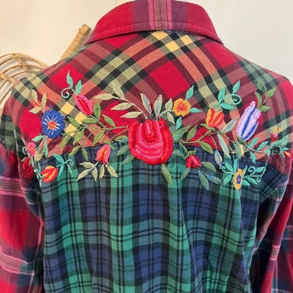 Vintage Patchwork Plaid Embroidered Shirt Cotton Button Up L Boho Western - Picture 8 of 8